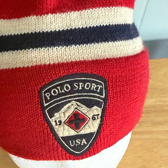 90s Y2K Vtg Polo Sport Ralph Lauren Retro Ski Beanie Tassel Hat USA Shield Patch